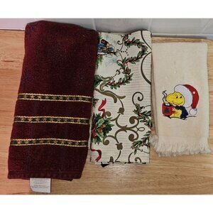 Vintage 3-Piece Kitchen Towel & Napkin Holiday Set Santa Woodstock Holiday Desig